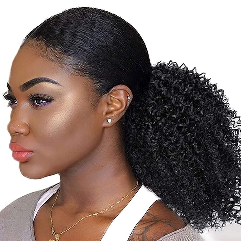 10-24 Zoll Verworrenes Lockiges Haarteil, Echthaar Kordelzug Pferdeschwanz Verlängerung, Afro gelocktes Brasilianisches Remy-Haar Clip-in Verlängerung Für den täglichen Gebrauch(12inches(105g))