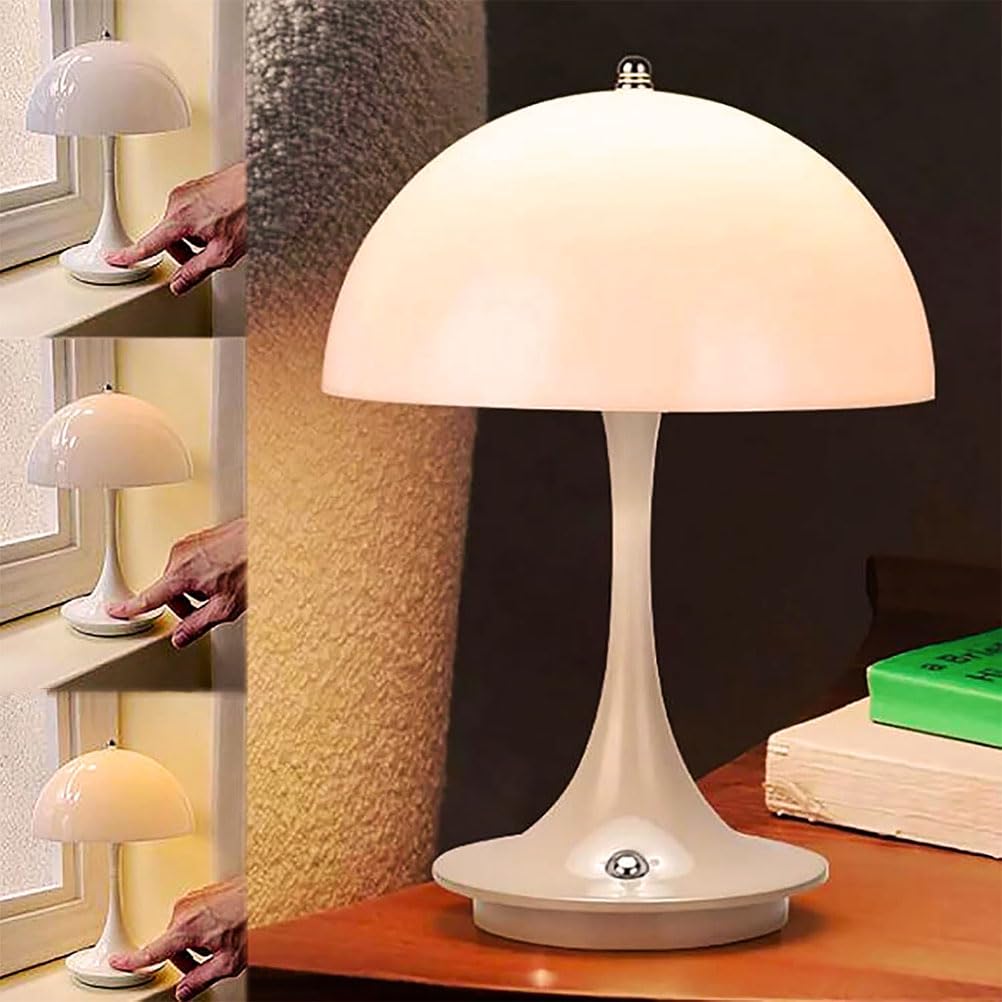 Tischlampe Kabellos mit Touch Dimmbare LED Akku Pilz Tischleuchte USB Aufladbar Schreibtisch Lampe Weiß Acryl Lampeschirm Nachttischlampe Mushroom Leselampe 3000K-6000K für Schlafzimmer Restaurant Bar