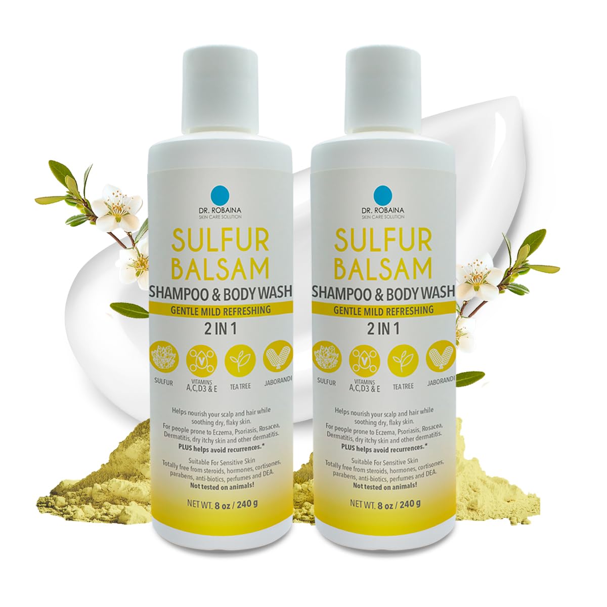 Dr. Robaina Sulfur Shampoo & Body Wash – Helps Soothe Dandruff, Seborrheic Dermatitis, Folliculitis & Itchy Scalp – Color-Safe, SLS-Free, Citrus-Mint