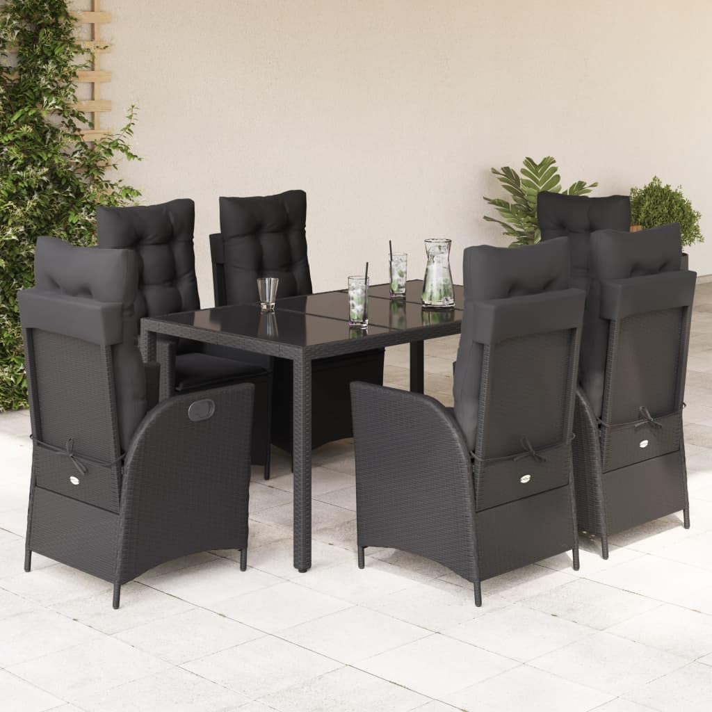 7-częściowy zestaw mebli ogrodowych z czarnego polirattanu, regulowany fotel relaksacyjny z poduszkami, stół ogrodowy ze szkła hartowanego 150 x 90 cm, odporny na promieniowanie UV, zestaw