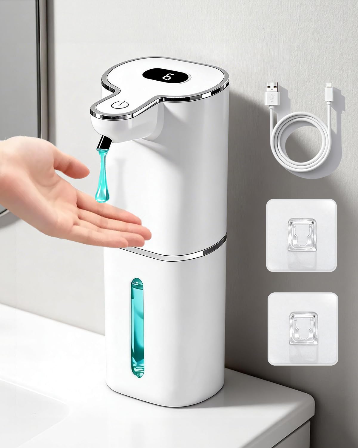 YOLIN 6-Level Adjustable Automatic Liquid Soap Dispenser Touchless, with Digital Display, with Sensor USB Rechargeable Hand Soap Dispenserr Wall Mounted, 380ml, IPX5, Suitable for Kitchen and Bathroom
