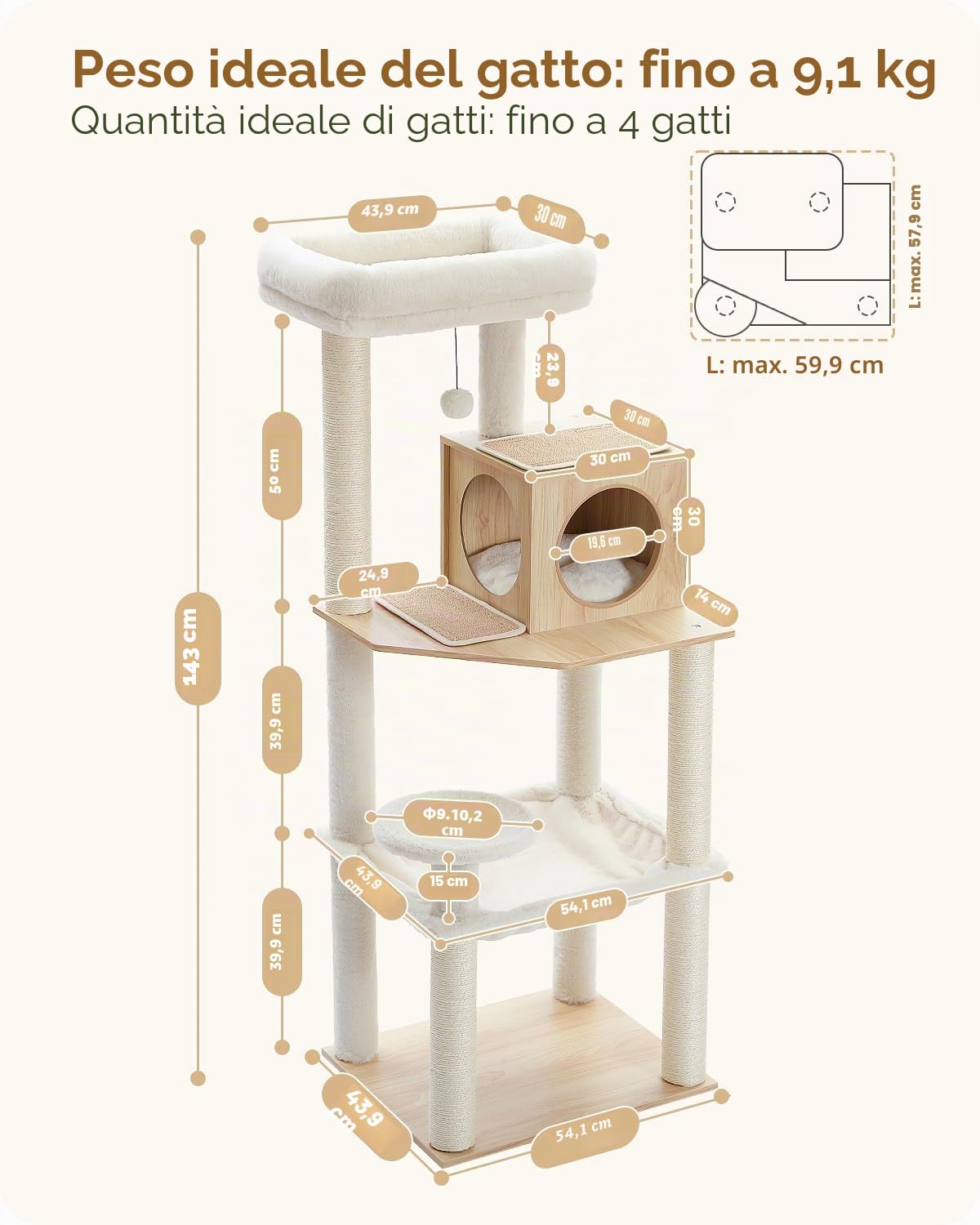 PETEPELA Albero tiragraffi per gatti in legno 143 cm, moderno tiragraffi per gatti con amaca più grande, letto superiore, colonna completa di corda sisal, beige