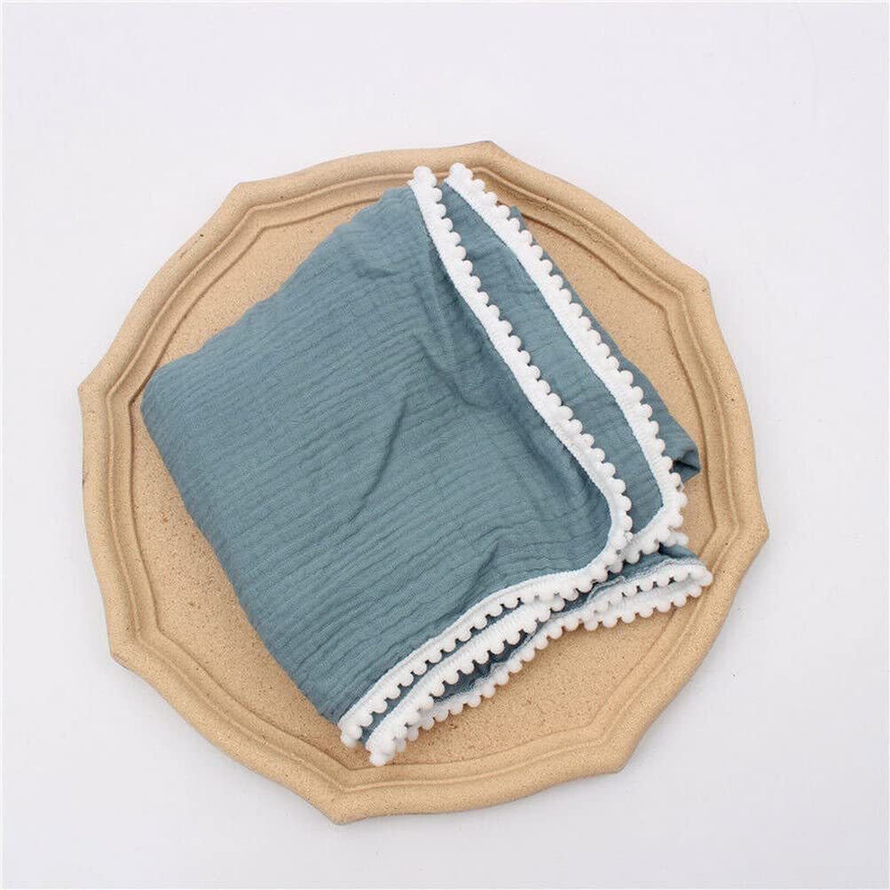 asky Baby Sleeping Blanket Muslin Cotton Pom Balls Swaddling Stroller Wrap Towel 80 * 65cm (Lake Blue)