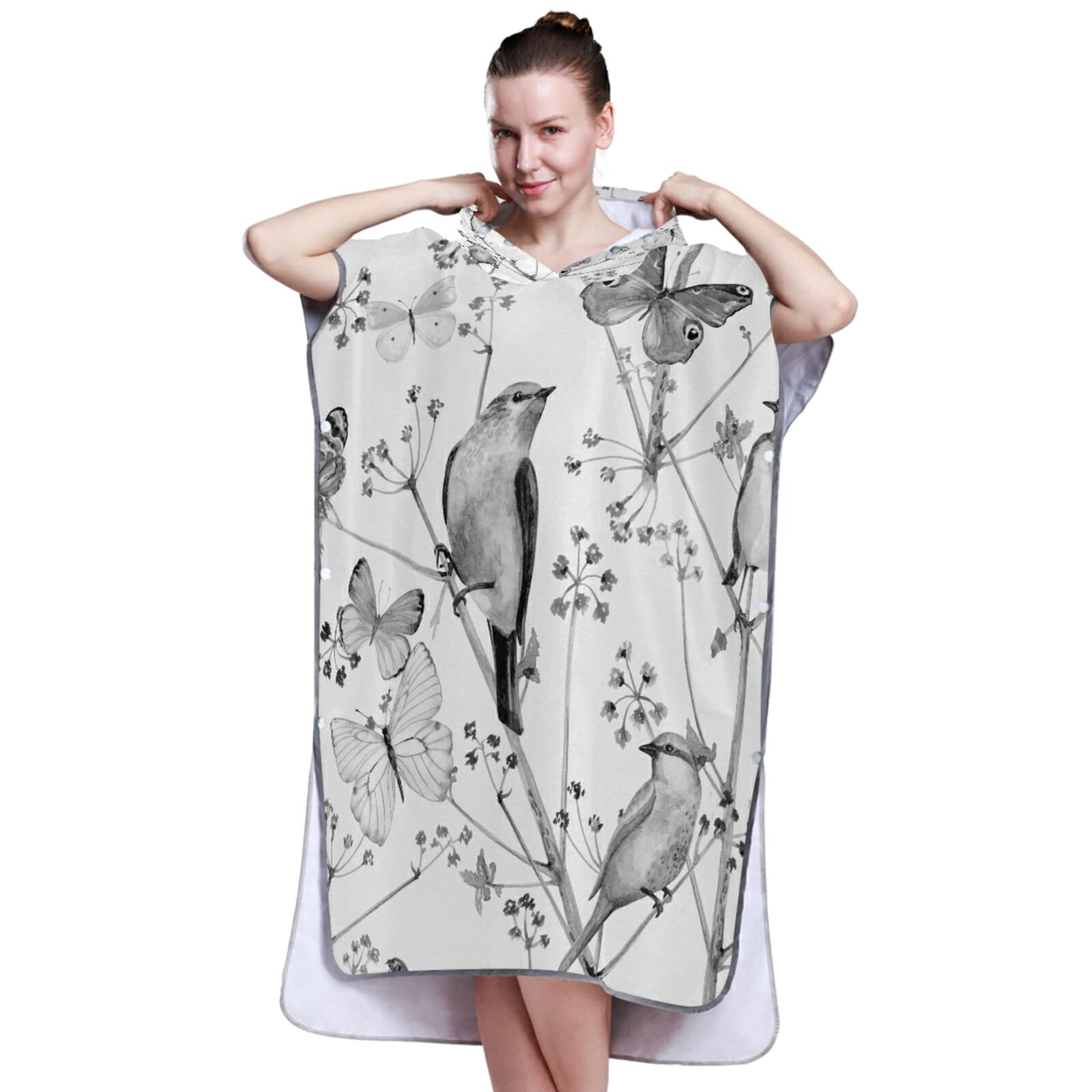 Vintage-Surf-Poncho, nahtlos, mit Vögeln, Blumen und Schmetterlingen für Erwachsene, mit Kapuze und Tasche, schnell trocknender Bademantel, Mikrofaser-Handtuch für Badezimmer, Strand im Freien