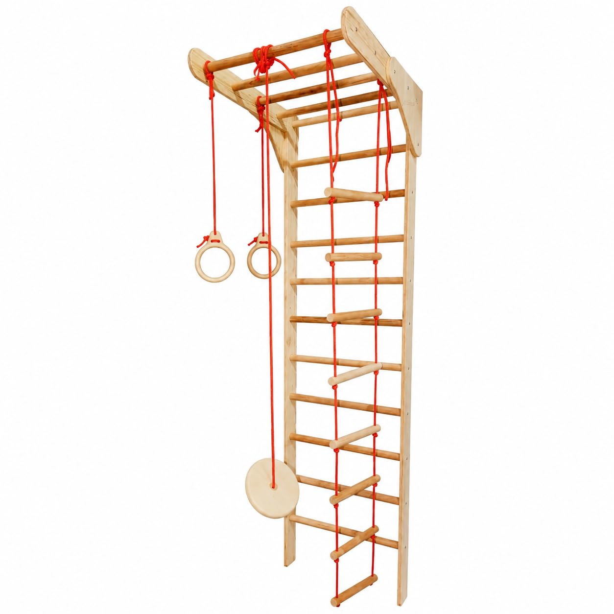 WoodBee Toys Swedish Ladder, 7 ft Wall Mounted Indoor Climbing Frame with Rope Ladder, Gymnastic Ring, Monkey Bar and Disc Swing-image-11