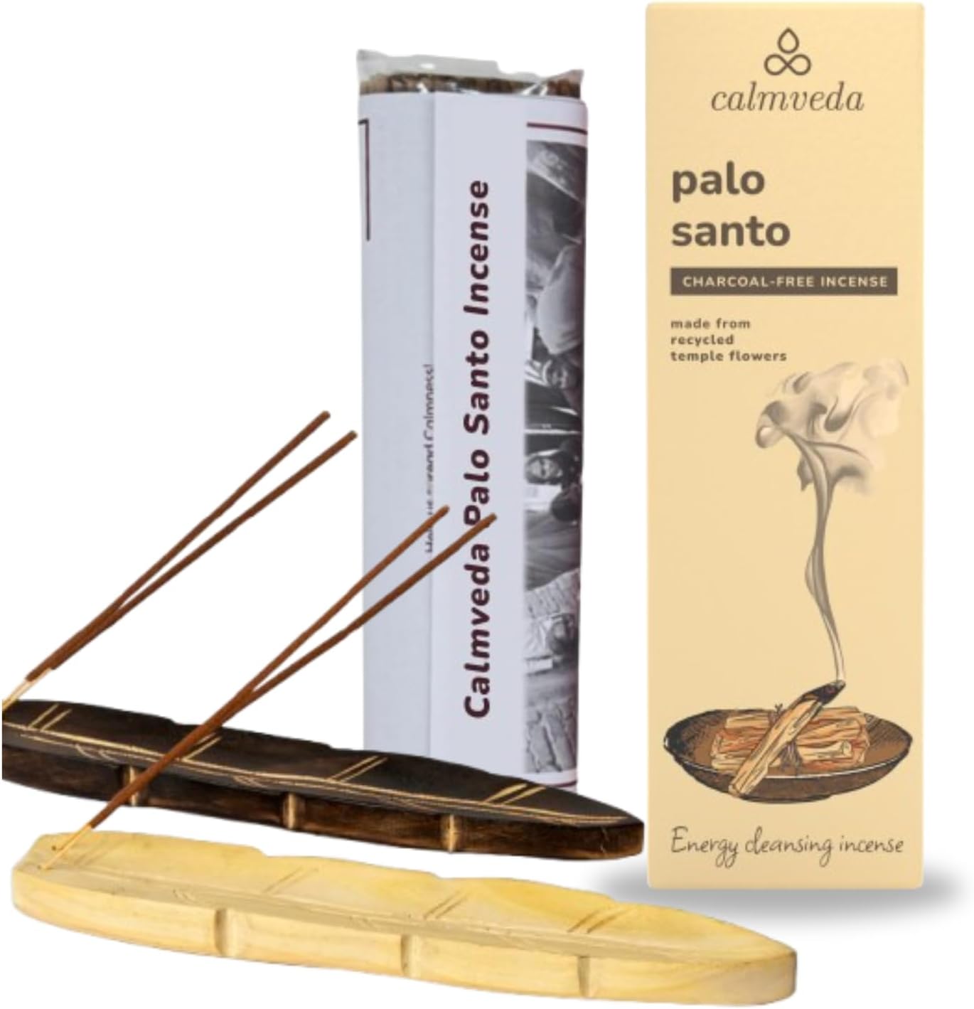 CALMVEDA, Palo Santo Incense with Wooden Incense Holder (80 Sticks + 2 Holder) | Beautiful Natural Incense and Holder Combo for Home Decor and Spiritual Practice