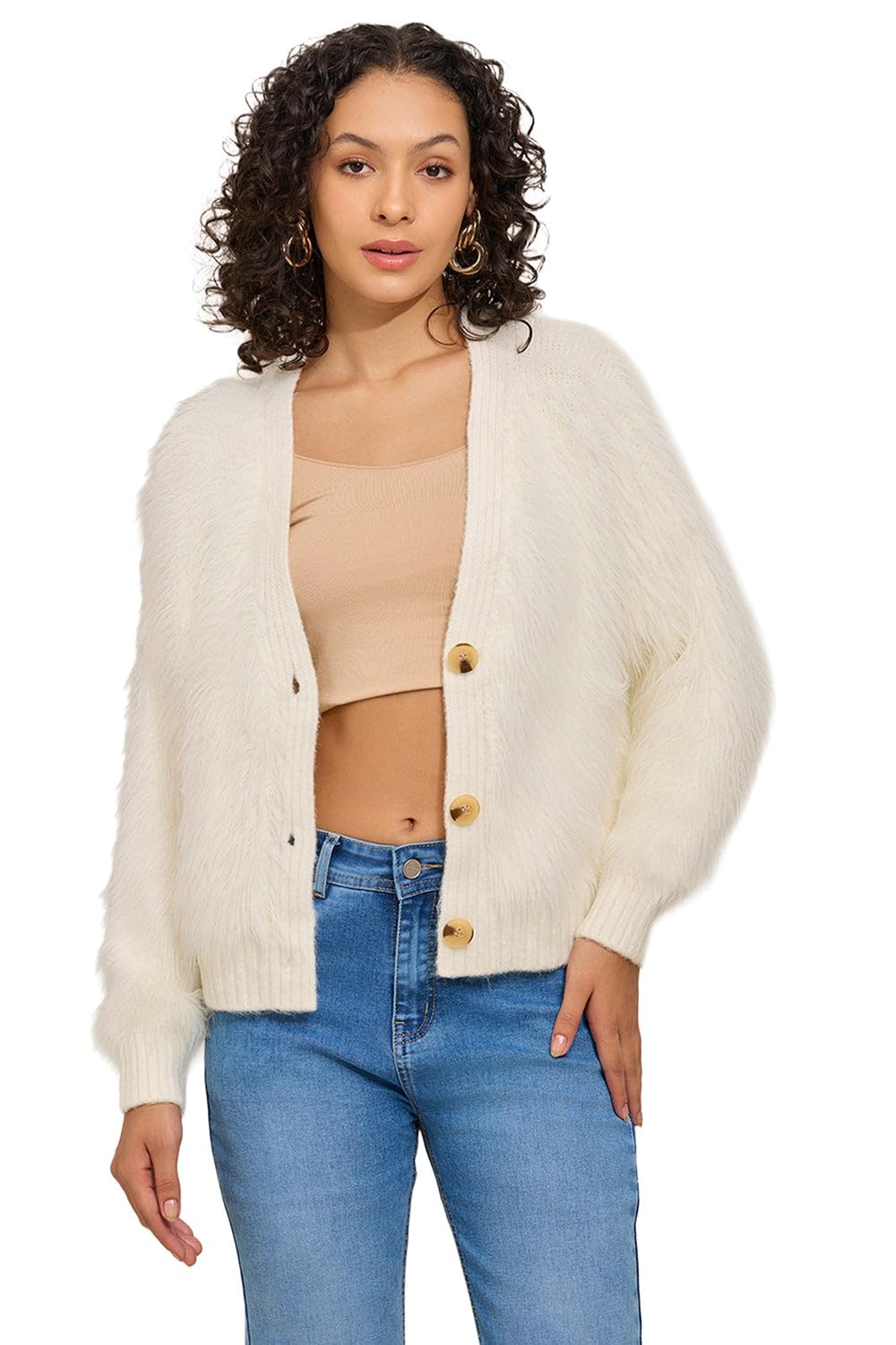 Edition Women's Off White Faux Fur Top with Buttons-CHN-137_OffWhite-P-image-10