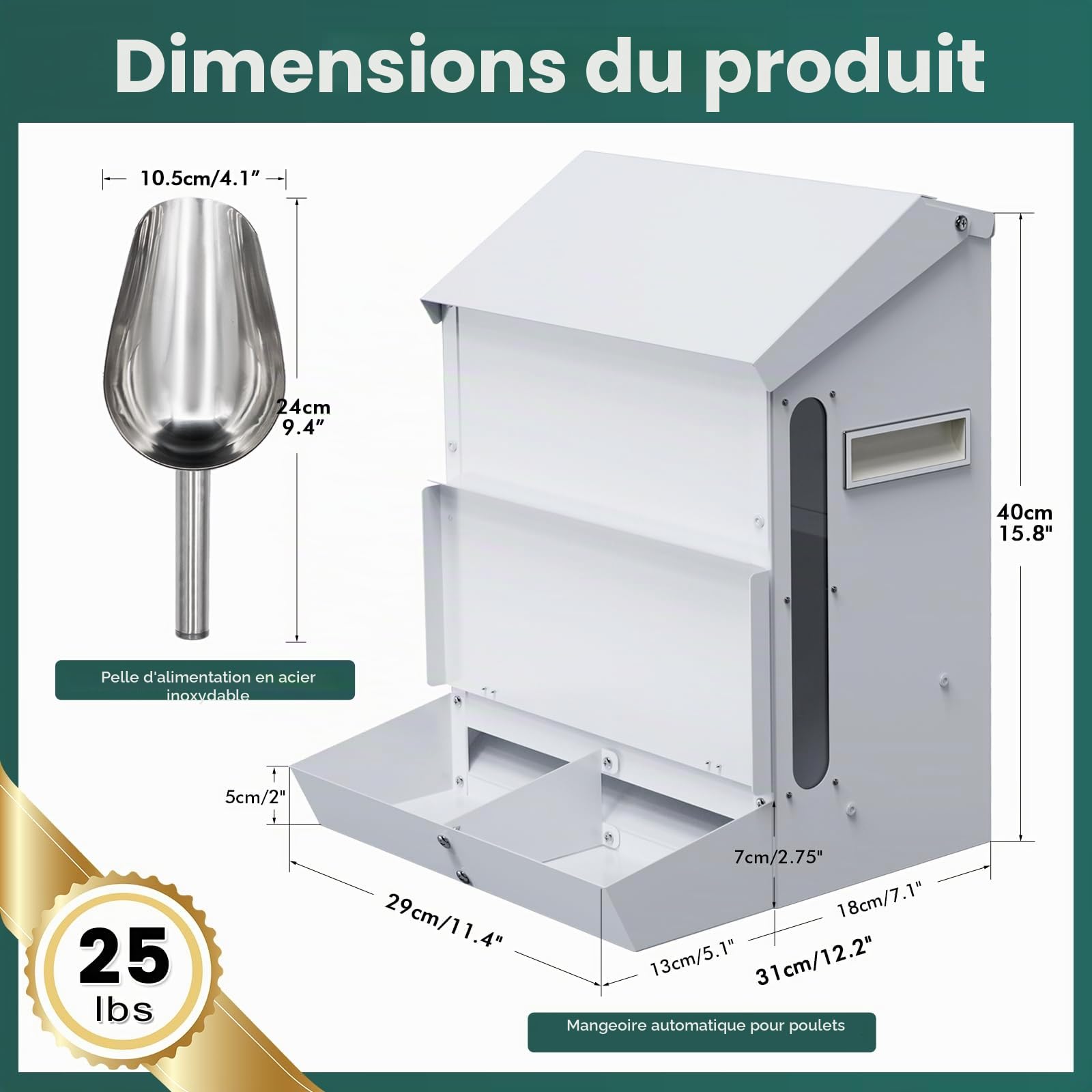 Mangeoire Automatique pour Poules de 25LBS Sans Déchets Mangeoire à Volaille avec Pelle Montage Mural Distributeur de Nourriture pour Volailles