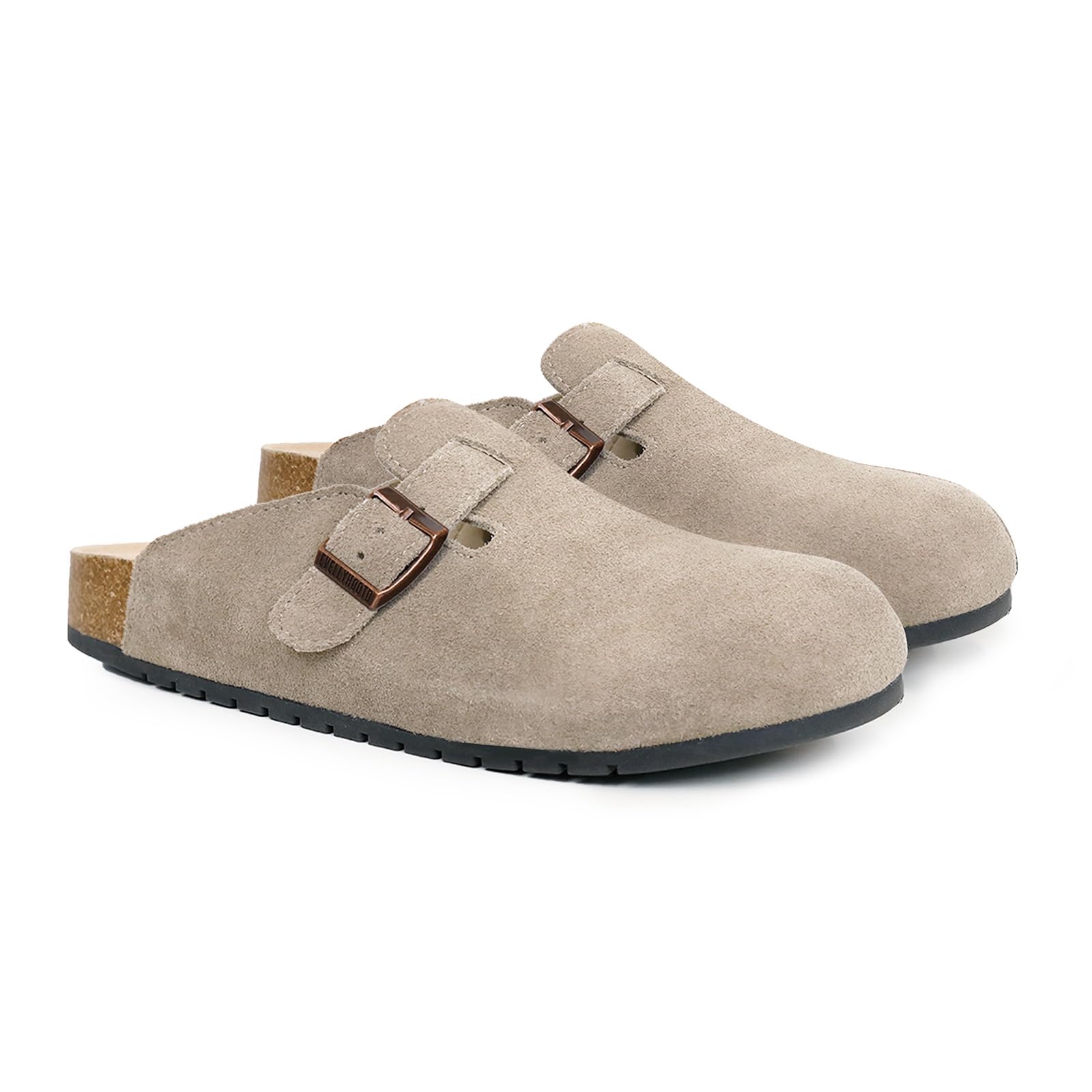 EVELLYHOOTD Women's Men's Suede Clogs Leather Mules Cork Footbed Sandals Comfort Potato Shoes with Arch Support(with Socks)
