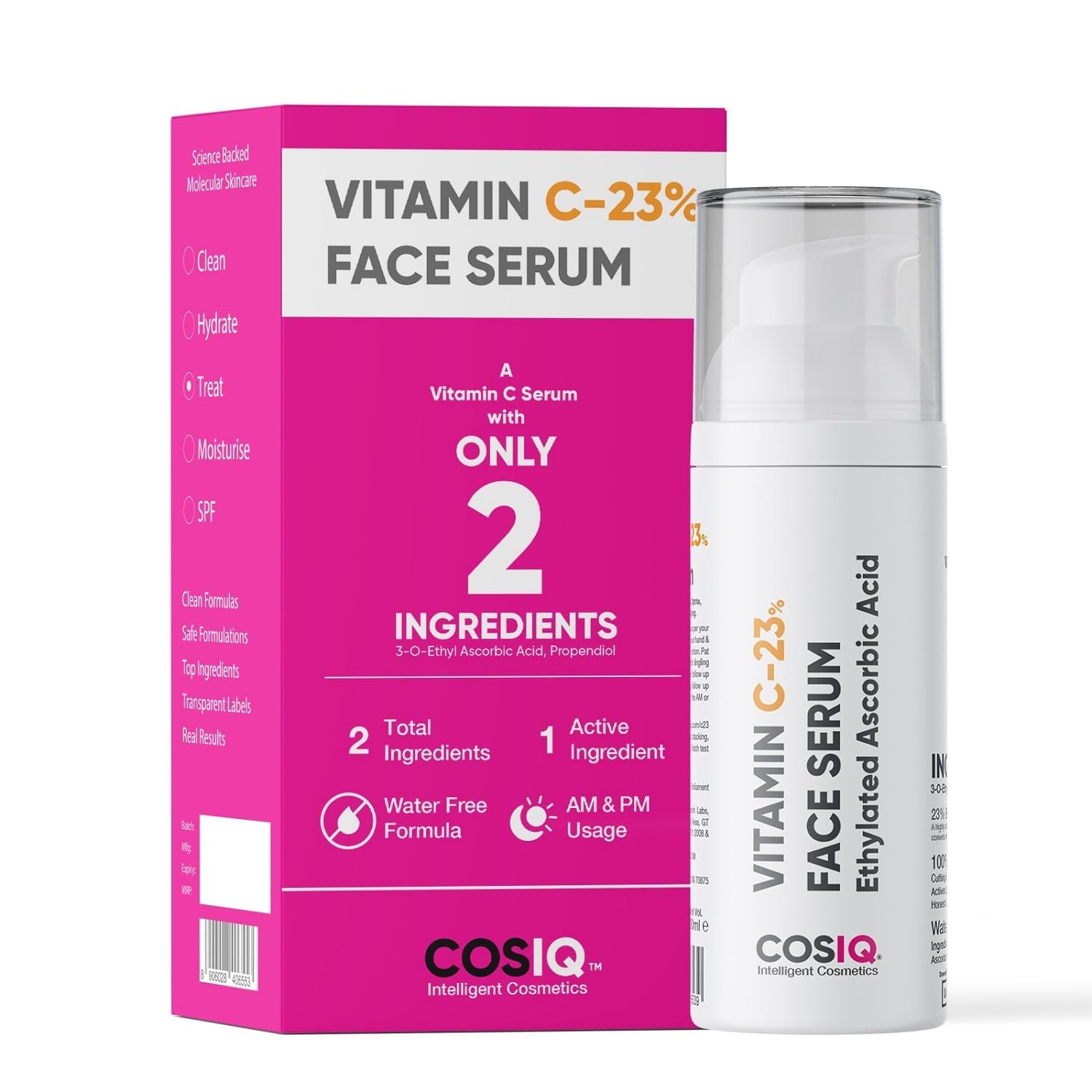 CosIQ 23% Vitamin C Face Serum for Glowing Skin | Advanced Molecular Skincare Technology | Highly Stable, Non Irritating, Non Sticky | Brightening Vit C Formula For Men and Women | 30ml