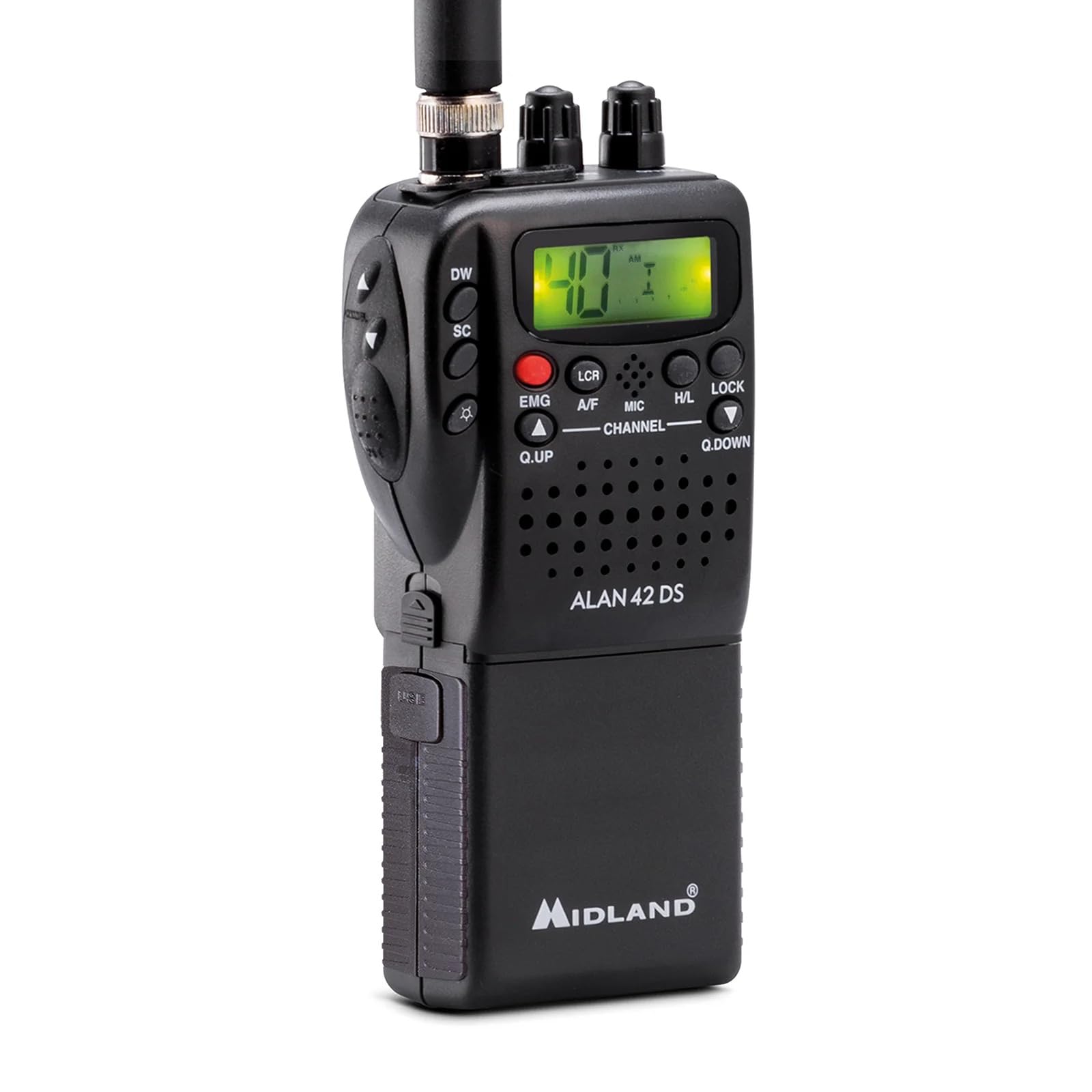 Midland Alan 42 DS Powerbundle CB Radio CB Multi Bande AM/FM et Batterie au Lithium commutable à n'importe Quelle Norme européenne avec Accessoires à 2 Broches, Anti-Bruit numérique, Son Puissant,