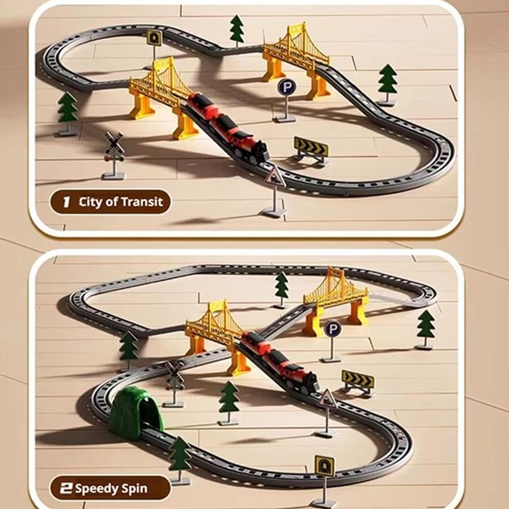 Electric Train Set, DIY Tracks Set with Train Car Tracks Bridge Road Sign,Train-Track Accessories Playset, Simple Assembly (62PCS)