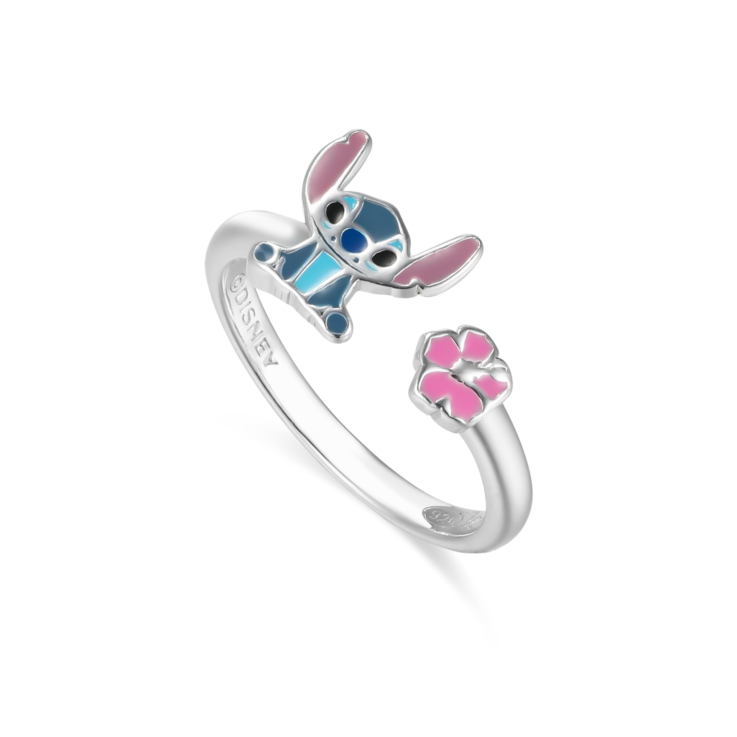 Disney Anillo Stitch y Flores de Hibisco en Plata 925 con Precioso Esmalte de Colores, Tamaño Ajustable, Apto para Mujeres y Niñas, Listo para Regalar, Joyas Oficiales