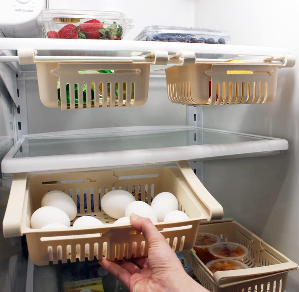 Fenzer Adjustable Drawer for Fridge Kitchen Organizer Adjustable Kitchen Refrigerator Storage Rack Fridge Freezer Shelf Holder Pull-Out Drawer Space 2 Color (White/Cream) (Cream)