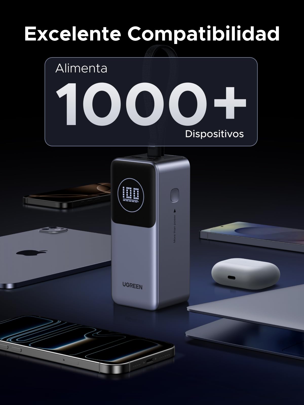 UGREEN Nexode Pro 130W Power Bank 20000mAh Batería Externa Carga Rápida | 3 EN 1, Cable USB C Integrado PD 100W, 2 Puertos 1C1A, Cargador Portátil PC, Compatible con iPhone 17 16 Galaxy S26 S25 iPad