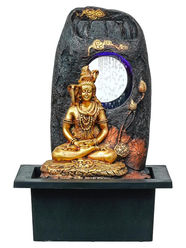 Image of CHRONIKLE Golden Brown Polyresin Tabletop Lord Shiv Indoor Water Fountain for Home Decor with LED, Speed ​​Control Pump (Size: 37 x 28 x 56 CM | Weight: 2900Gram)