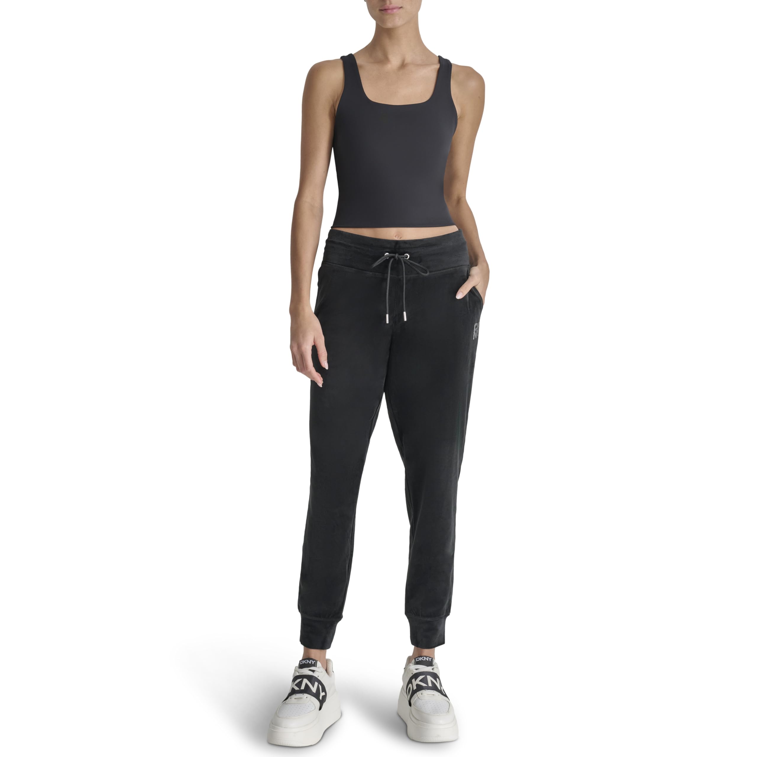 DKNY Women's Rhstn Logo Jogger, Black, Medium, Black, M