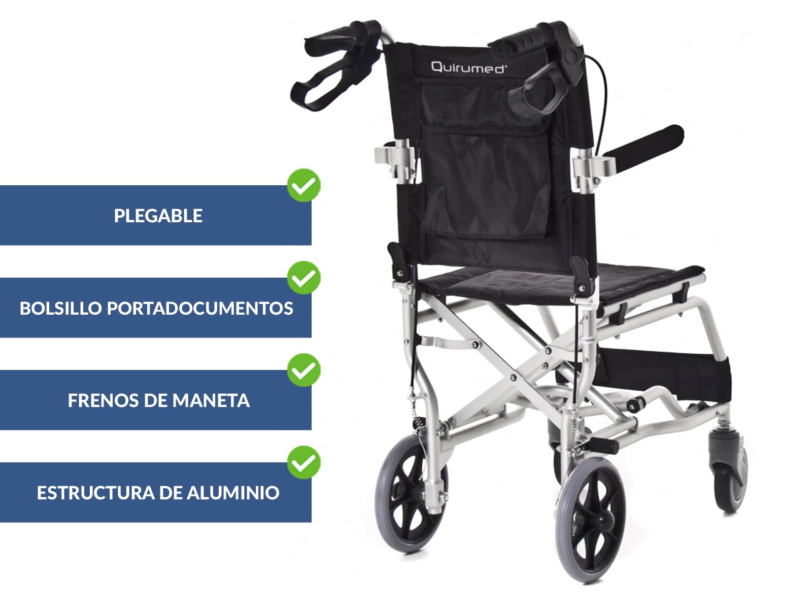 QUIRUMED Silla de ruedas de aluminio para viajes, Silla de ruedas de tránsito, para traslado, Asiento 36 cm, Ligera, Plegable, Apoyabrazos y reposapiés reclinables