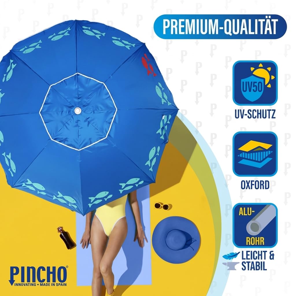 Pincho Sombrilla Playa Grande Familiar 200 cm, Sombrilla Playa Anti Viento UV50 Inclinable con Ventana, Soporte Anclaje, Bolsa Transporte y Percha, Tubo Aluminio, 8 Varillas Flexibles Fibra Vidrio