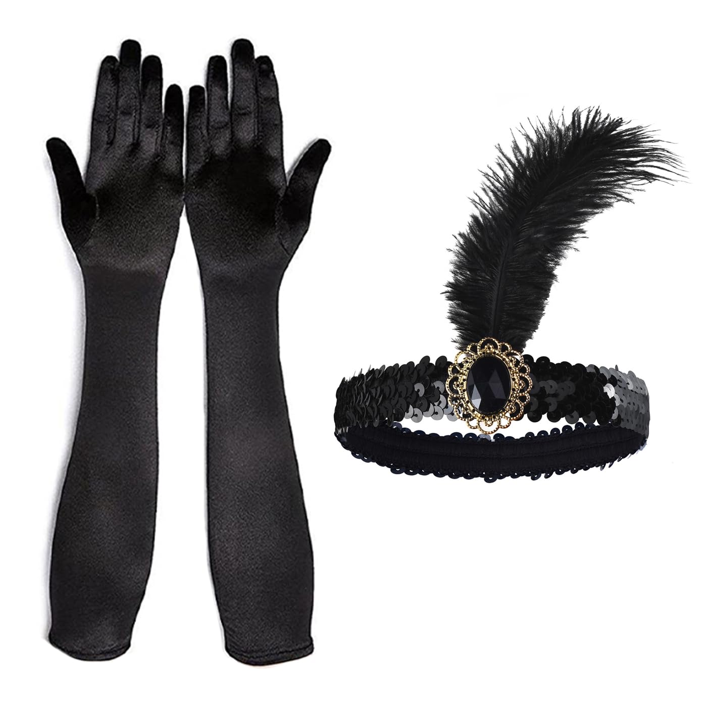 AWAVM Costume Accessories Set,Feather Headband and long satin gloves,1920s Gatsby Accessories Set for Women Opera Evening Party 1920s for Fancy Dress Women Parties Balls Cosplay