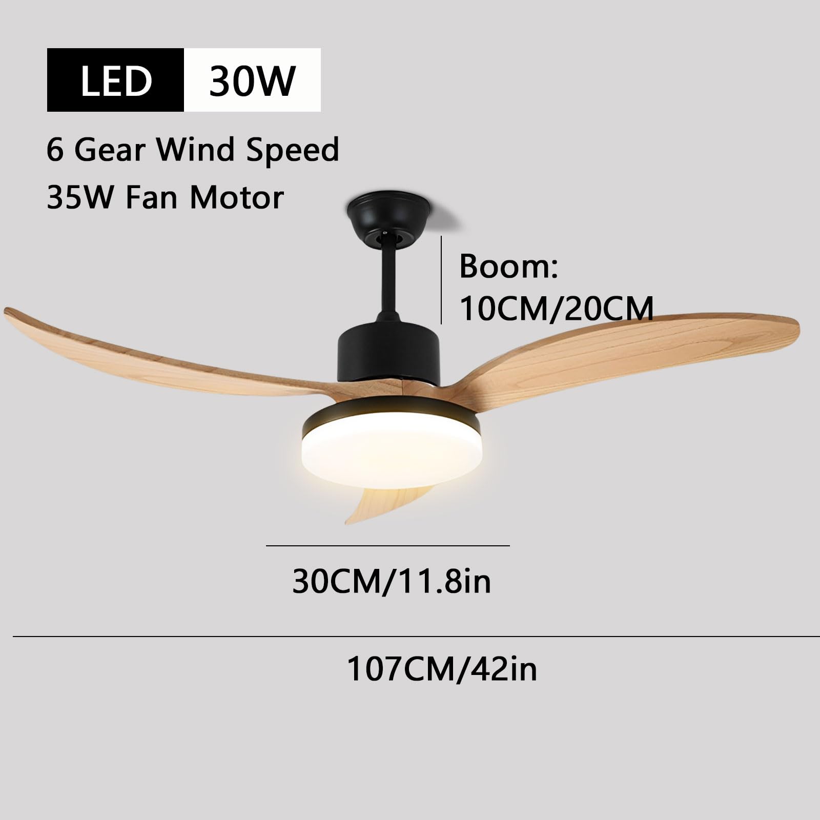 Ventilador de Techo con luz Regulable, silencioso, con Motor de CC, Control Remoto, 6 velocidades, 3 aspas de Madera, diseño Moderno de 30 W, Ideal para Dormitorio, Sala de Estar y