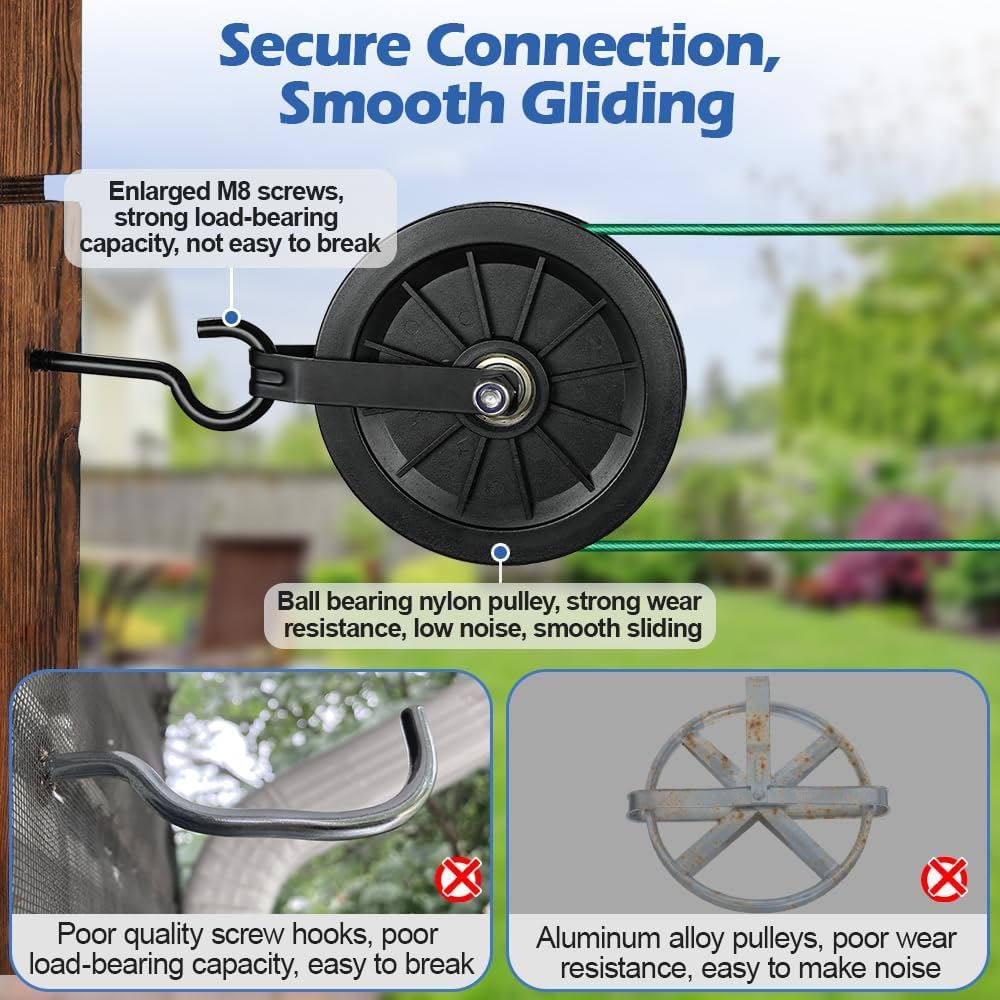 45m Wäscheleine Riemenscheibe Set, 4,5mm Grünes PVC Ummantelt Drahtseil mit 16cm Nylon Umlenkrollen, M8 Schraubhaken, Spreizer Wäscheleine, Wetterfest für Outdoor Wäsche Trockenschnur