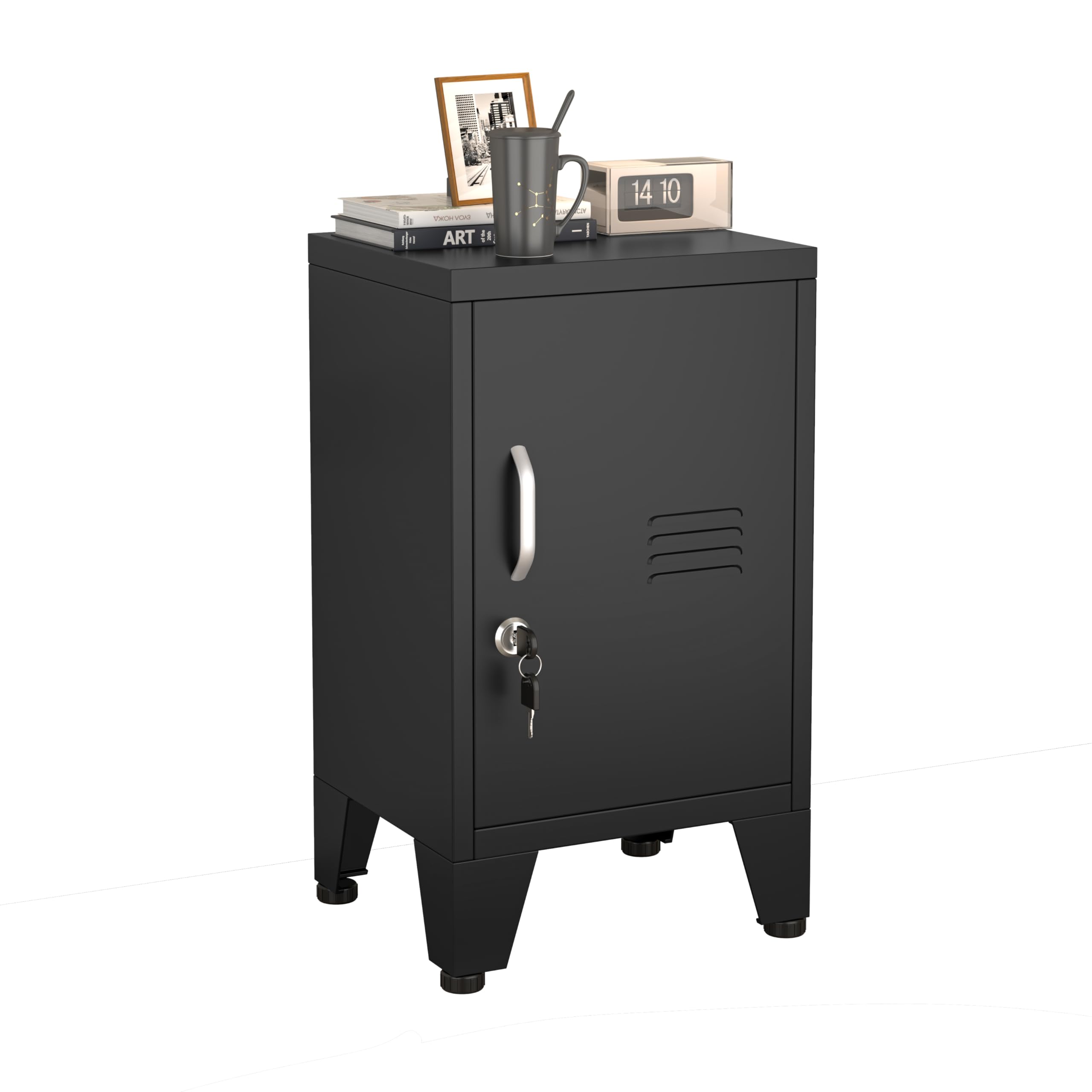 RISTERN Metal End Table, Narrow Nightstand, Small Side Tables and Office Cabinet, Small Snack Storage Cabinet with Doors and 1 Adjustable Shelves, for