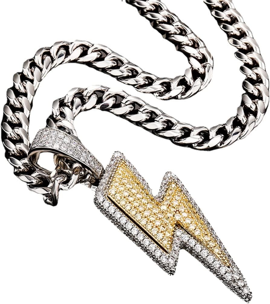 Iced Out Bling Lightning Bolt Design Pendant 18k Gold Plated Iced Out CZ Pendant Hip Hop Necklace for Men Women