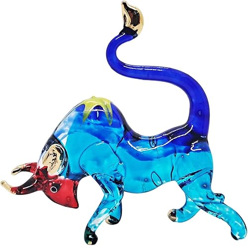 Miniatura 6 de WitnyStore Pequeña figura de toro azul de 2 pulgadas de largo con cara roja de carga, toros de vidrio soplado a mano, pequeños bueyes de cristal,