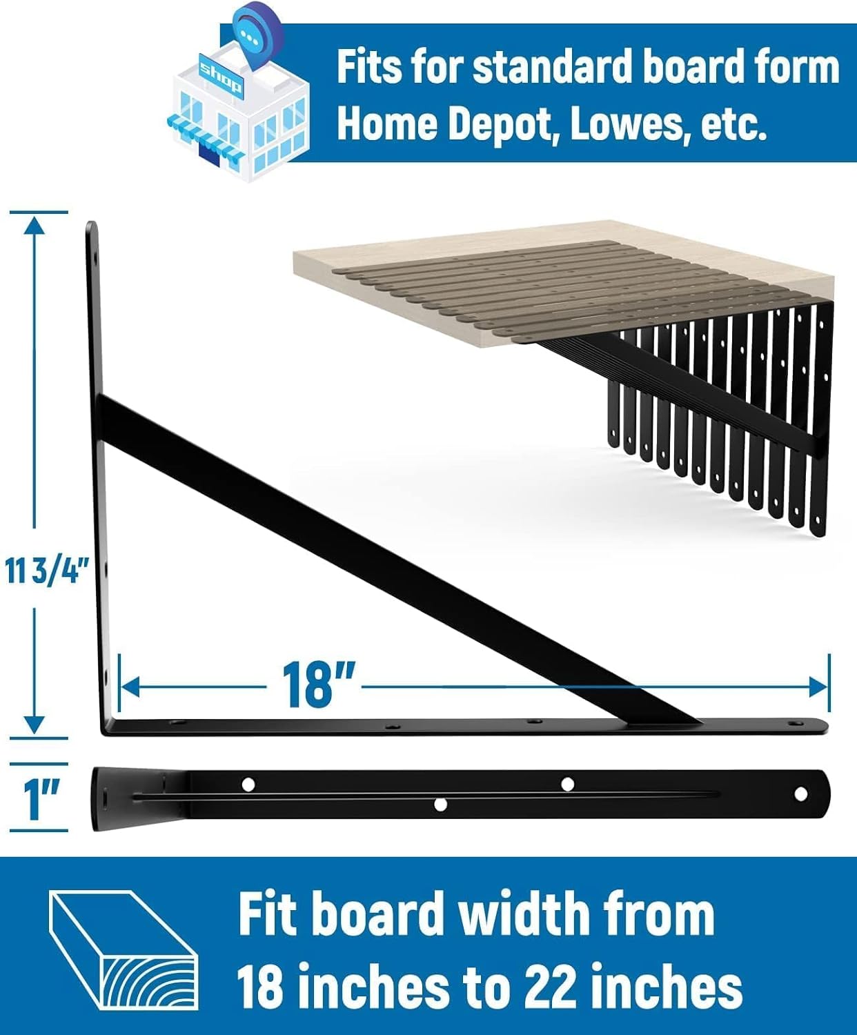 12-Pack 18 Inch Heavy Duty Shelf Brackets, Large Floating Wall Bracket for Garage Storage Shelves, Black Powder-Coated Finish, Load Capacity 800lbs