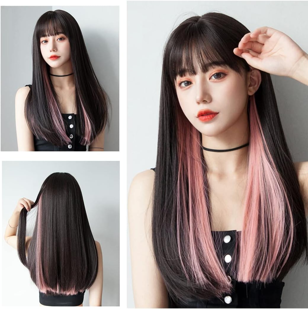 ウィッグ インナーカラー ロング ストレート 自然 コスプレ ブラシ ネット 付 予約中