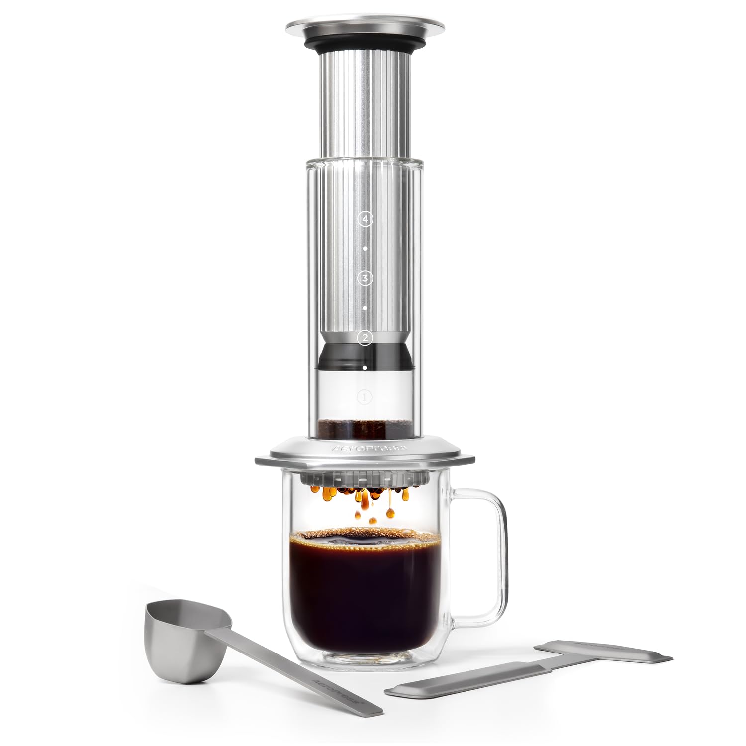 AeroPress cafetière à piston premium en verre, acier inoxydable et aluminium, tout-​en-​un, cafetière manuelle style filtre et expresso, infusion rapide en 2 minutes, Argent