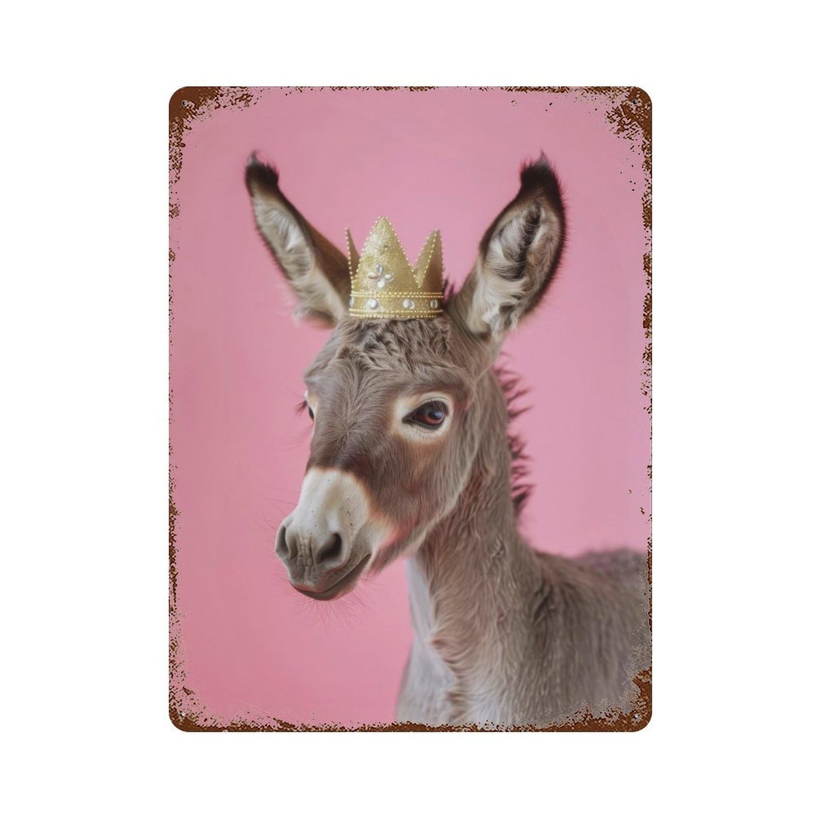 Rust Effect Donkey Pastel Crown Aged Metal Wall Plaque 15.7"x11.8", Farmhouse Wall Decor for Office, Studio And Wall Decor
