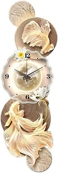 Decorative Painting with Clock Large Wall Clock Decor with Adjustable Lamp and Remote Control for Living Room, Big Wall Art Hanging Clocks Moon Fish Wall Lamp Sculpture for Bedroom Office Wall Lamp(Br