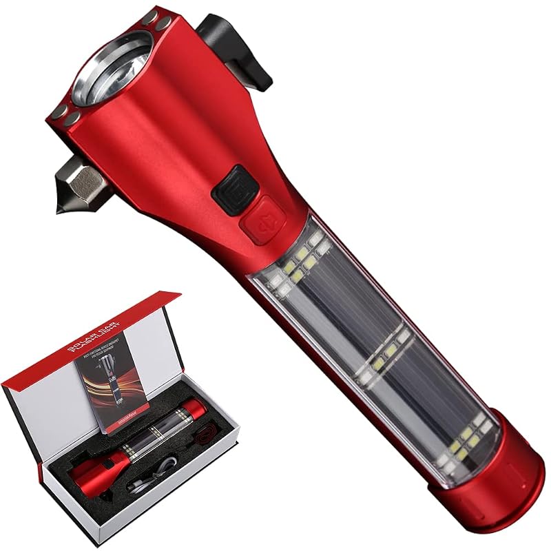 Lanterna de Emergência Automotiva SINSEN com Quebrador de Vidro, Cortador de Cinto, Alarme, Power Bank e Base Magnética Vermelha