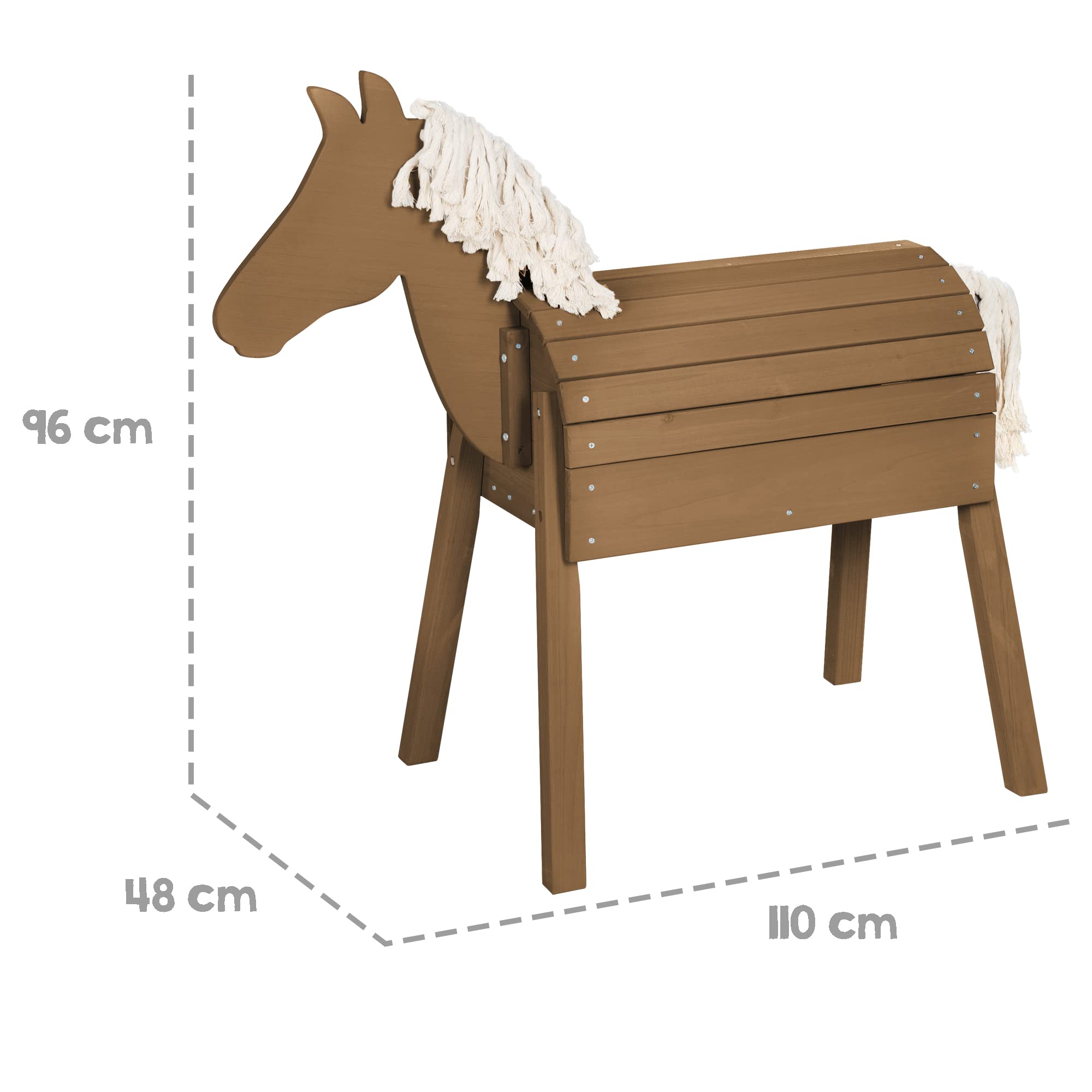 roba Cavallo da Gioco per Bambini - da Esterno, Giardino, Aria Aperta - con Criniera e Coda - Legno Massiccio Ecologico - Stabile e Robusto - Resistente alle Intemperie - Teak Naturale