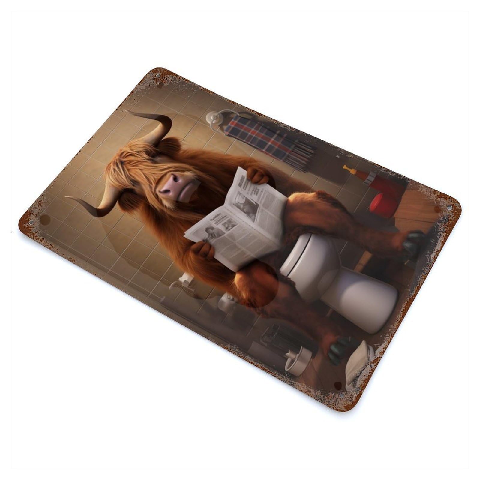 Highland Cow on The Toilet Weathered Tin Sign 11.8"x7.9", Vintage Wall Decor for Garage, Pub Or Kitchen