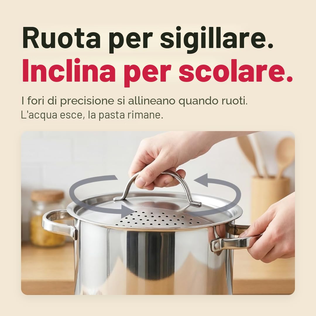 Pentola per pasta in acciaio inox con coperchio con colino bloccabile, grande capacità da 5,5 litri, torsione e blocco per un facile svuotamento e senza bisogno di scolapasta o inserto per colino,