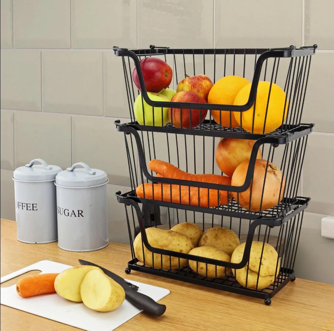 Fyne-Finds Set of 3 Black Metal Wire Vegetable Fruit Storage Organizer Kitchen Toilet Stackable Caddy Basket Rack For Household Items
