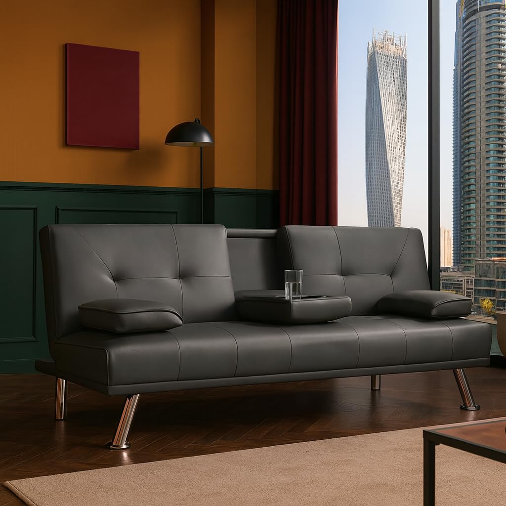 Karnak Futon Sofa Bed, Faux Leather Lounge Couch for Living Room, Convertible Upholstered Loveseat Sleeper, Small Futon Couch for Small Space w/Cup Holders and Armrest - (GREY)