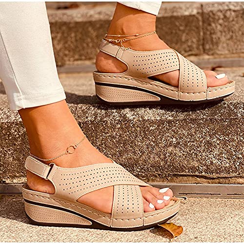 Women's Comfortable Wedge Sandals Ladies Orthopedic Sandals Platform Vintage Open Toe Soft Wide Fit Summer Sandal Casual Beach Shoes,Beige,US6/EU37