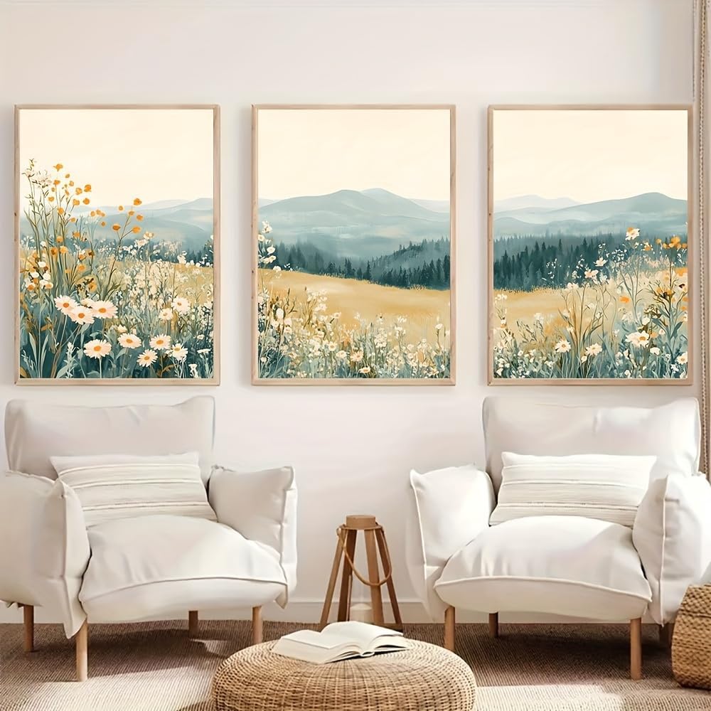 AMOSIJOY Set of 3 Wildflower Landscape Wall Art Prints, Mountain Daisy Nature Artwork, Floral Scandinavian Style Wall Decor for Kids Room Bedroom Living Room, Unframed (50×70cm)