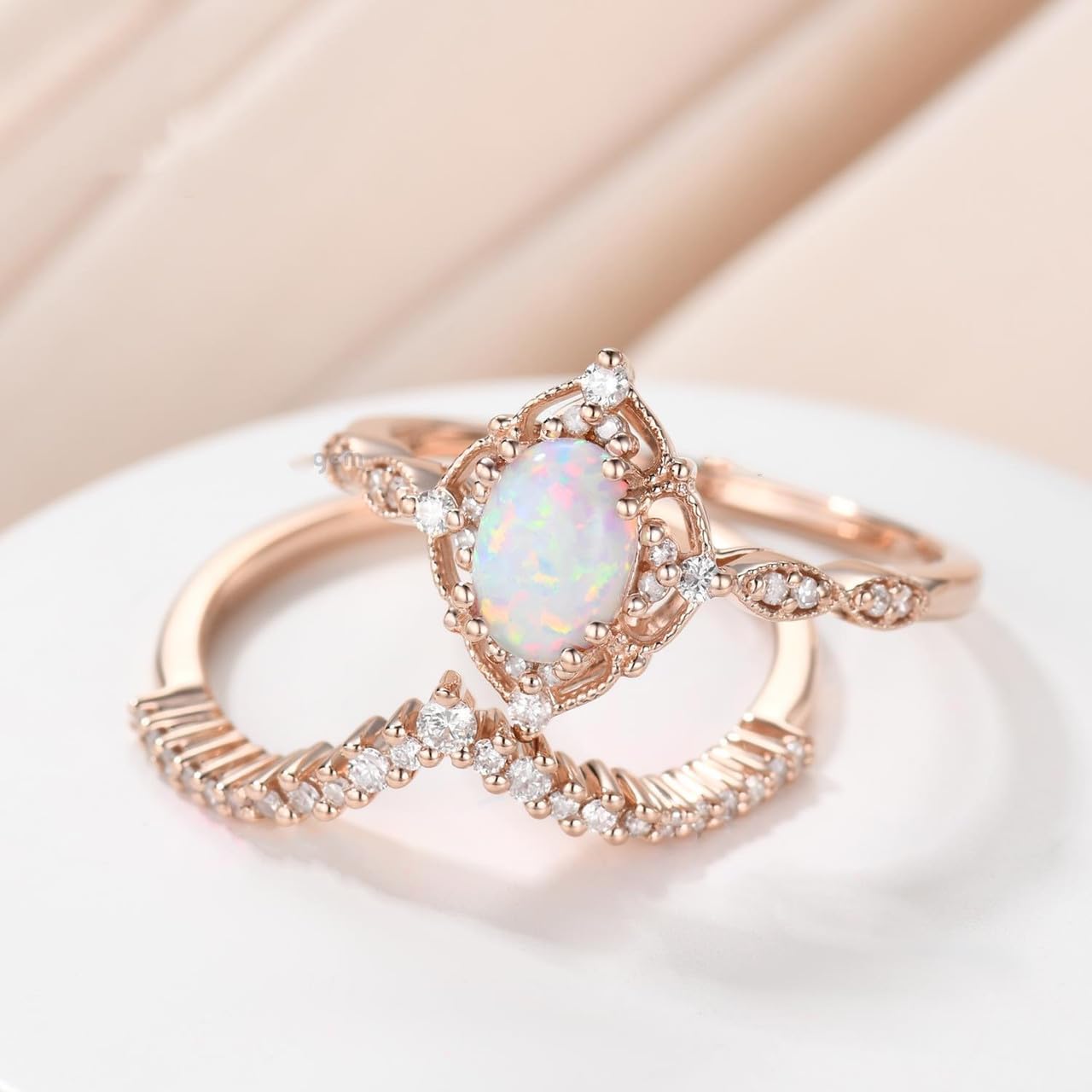 Vintage Opal Bridal Ring Set Art Deco 0.75ct Oval Opal Engagement Ring Set for Women S925 10k 14k 18k Rose Gold Moissanite Wedding Ring Set 2Pcs Anniversary Ring Gift for Her Free Engraved