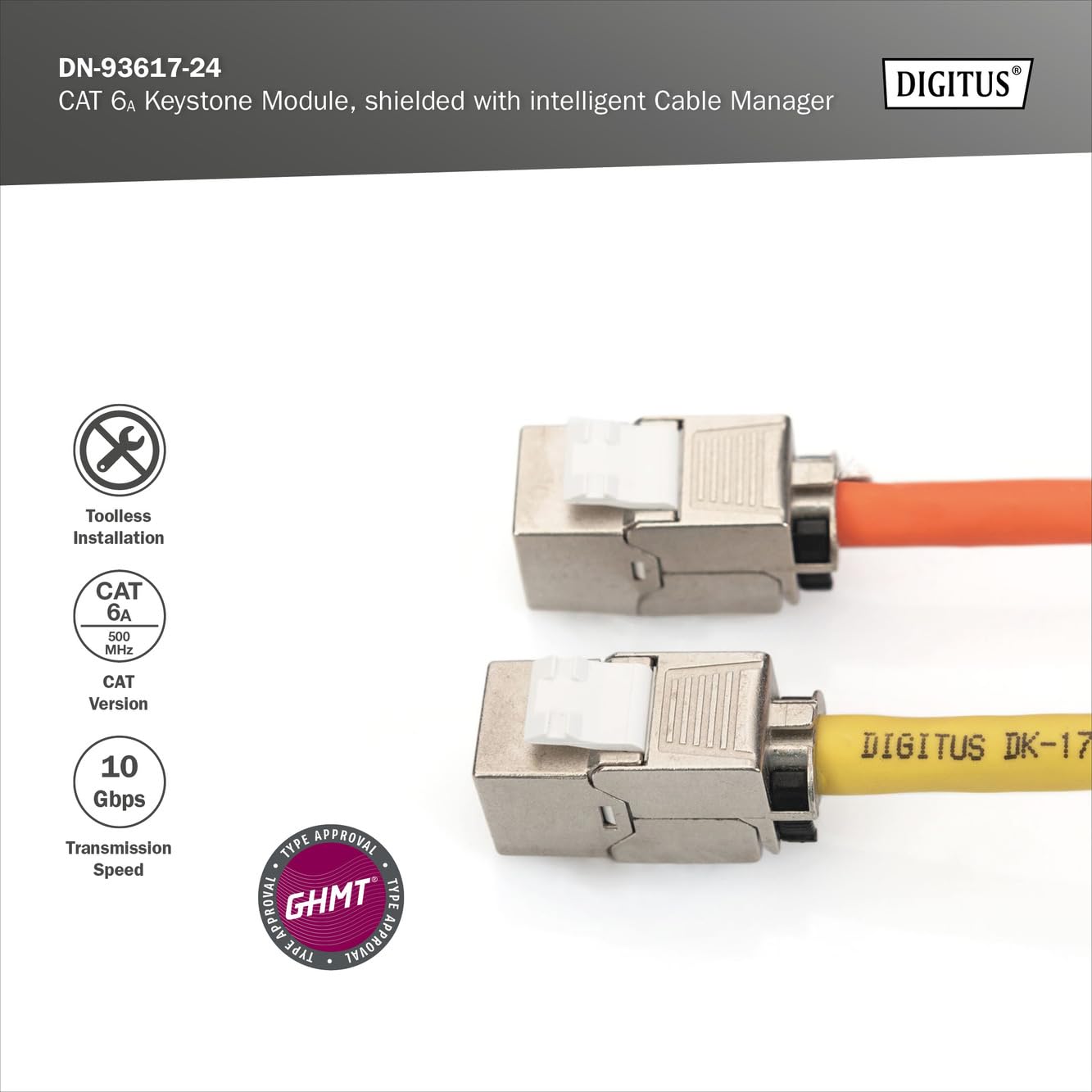 DIGITUS Moduł Keystone Cat-6A ekranowany - 24 sztuki - Gniazdo RJ45 - 500 MHz 10GBase-T - AWG 26-22 - Projektowalny - Z dźwignią blokującą - Montaż bez użycia narzędzi