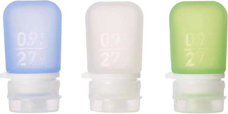Frascos de silicone recarregáveis humangear GoToob+ 3 unidades, Mini, 27 mL, transparente/verde/azul