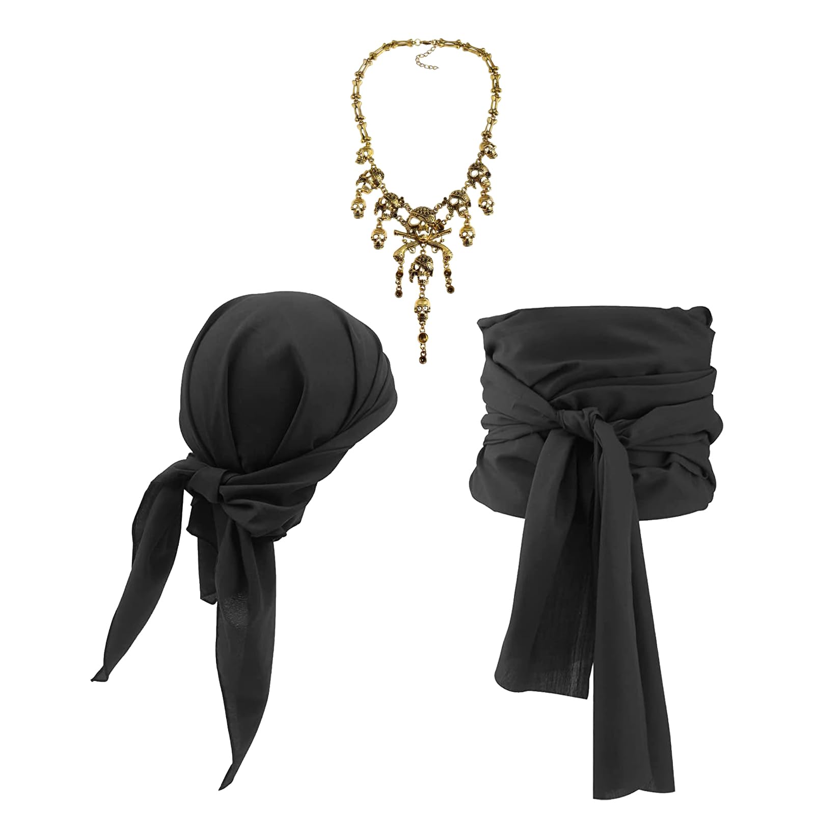 3 Pcs Pirate Costume Accessories Set Head Scarf Sash Belt Necklace Medieval Captain Pirate Outfit Bandana Hat Waist Belt Skull Pendant Chain for Men Women Halloween Carnival Cosplay Fancy Dress Party
