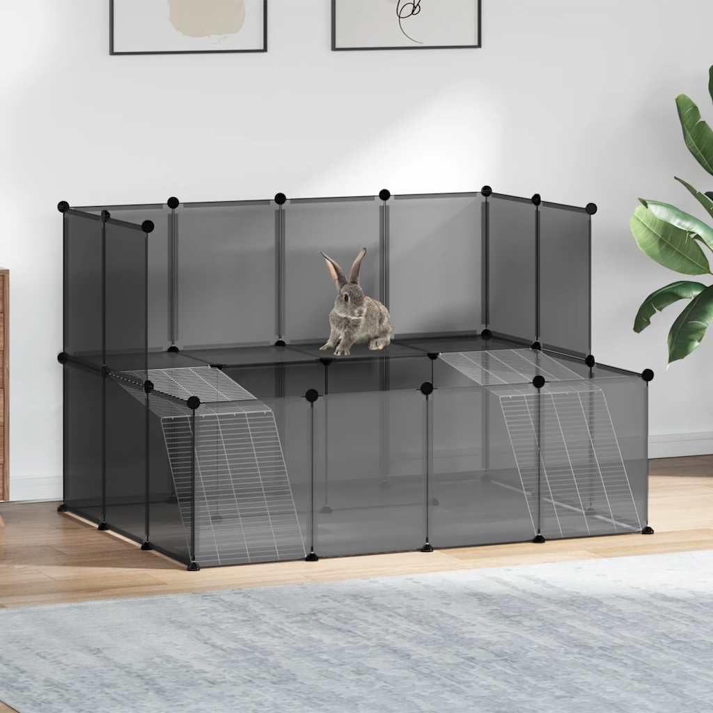 Jaula negra para animales pequeños, 143 x 107 x 93 cm, de polipropileno y acero, con 2 niveles, 24 paneles, mazo de madera, adecuado para conejos, cobayas, hámsters, casa de roedores, rueda