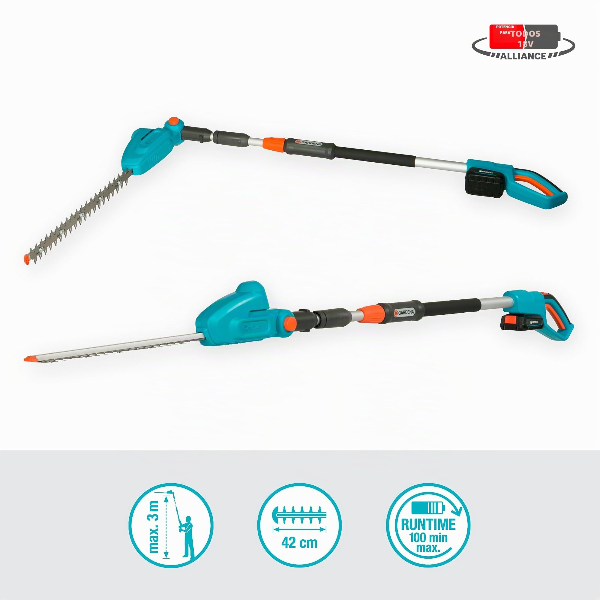 Gardena Cortasetos telescópico de bateria THS 42/18V P4A Set listo para usar: Telescópico, Hasta 3 m de alcance, Hoja de 42 cm, Cabeza inclinable, Sin cable (14732-20)
