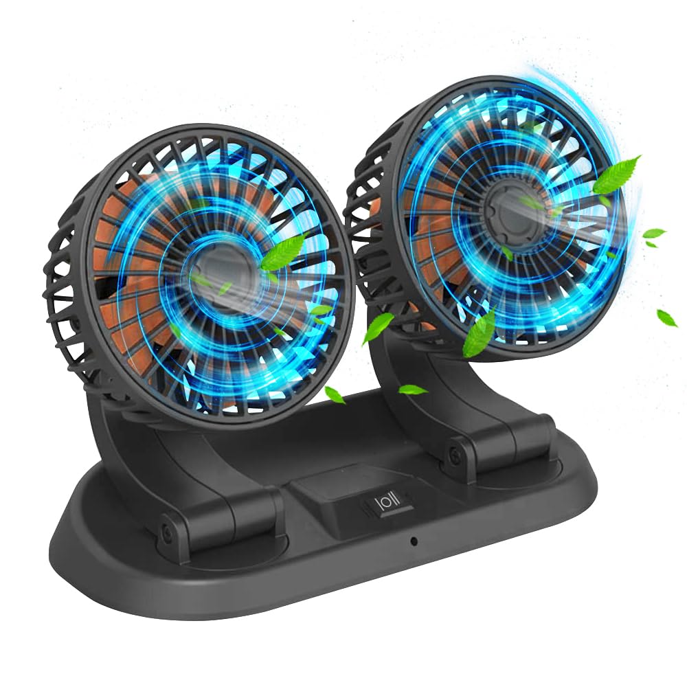 Baceyong Ventilateur de refroidissement de voiture à double tête 24V avec port allume-cigare pour camion, camionnette, SUV, camping-car, bateau, 360° horizontal 180° vertical pivotant réglable