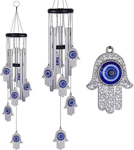 Miniatura 8 de Campanillas de viento de mano de Fátima de ojo azul para decoración al aire libre, cazavientos de mano Hamsa, campanas de viento de mal de ojo, mano